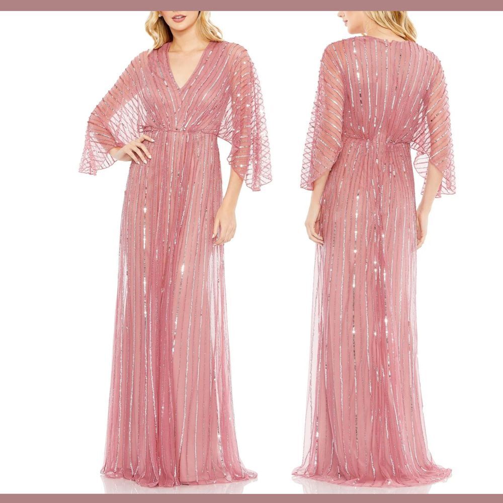 NWT $598 Mac Duggal [ 18 ] Beaded Striping Kimono Sleeve V Neck‎ Gown Rose S1000